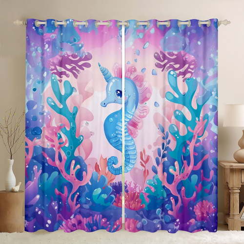 Manfei Kids Children Kawaii Seahorse Curtains Pack of 2 (42x84 Each),Cartoon Marine Animal Curtains Blackout,Cute Sea Wildlife Bedroom Curtains,Super Cozy Room Decor