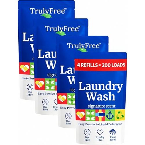 Truly Free Natural Laundry Detergent - 4 Pack Refill, No Jug, 200 Loads