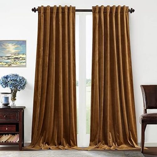 Benedeco Gold Brown Velvet Curtains for Bedroom Window with Back Tab, Super Soft Vintage Luxury Heavy Drapes, Room Darkening Thermal Insulated Curtain for Living Room, W52 by L96 inches, 2 Panels