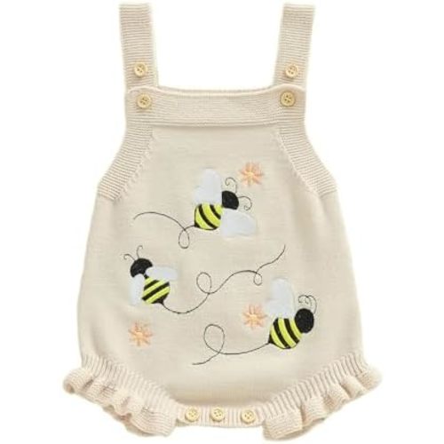 Baby Girl Fall Outfits Newborn Sleeveless Knit Sweater Romper Floral/Bee Onesie Cute Winter One Piece Knitted Outfit