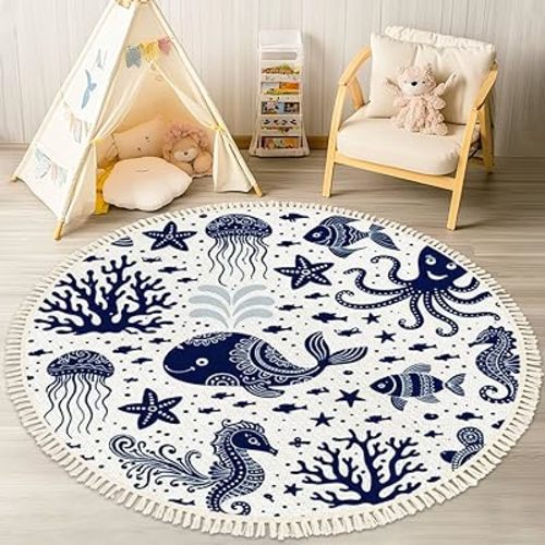 Ocean Beach Area Rugs Underwater Jellyfish Octopus Marine Animal Round Boho Area Rug Linen Carpet Playmat Washable Hallway Runner Mat for Nursery Kid Room Bedroom Decoration Children Gift 4ft