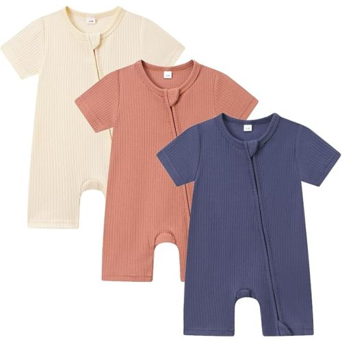 Bafeicao Baby Boy Girl 3 Pack Short Sleeve Rompers Ribbed Cotton 2 Way Zipper Solid Romper One Piece Jumpsuits Clothes