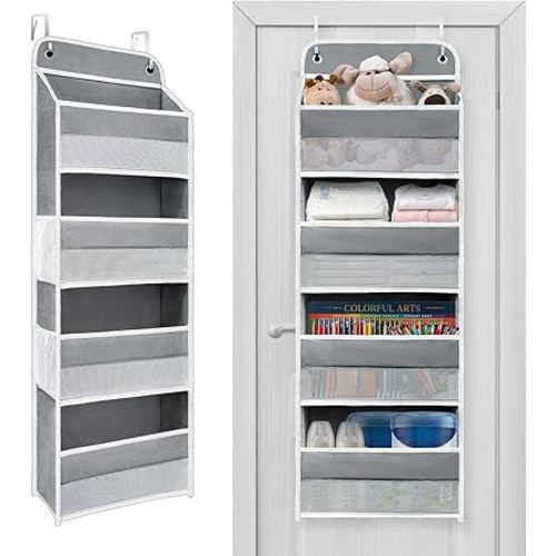 Over The Door Organizer with LifetimeWarranty, 4 Shelves & 4 Side Pockets, Large Storage Rack Holds 44lb, Heavy-Duty Reinforced Mesh Shelf for Bathroom, Closet, Toy Organization, Shoes, Towels, Grey