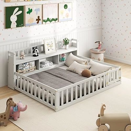 Aoowow Full Size Montessori Floor Bed, Kids Full Bed Frame with Bedside Bookcase and Doors, Wood Floor Playhouse with Guardrail for Boys Girls, White