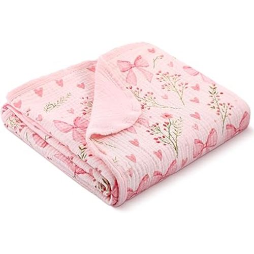 Breling Pink Bow Muslin Baby Blankets for Girls Boys, 100% Cotton Crib Blanket for Infant Toddler, 40 x 36 Inch Soft and Lightweight Nursery Swaddling Wrap