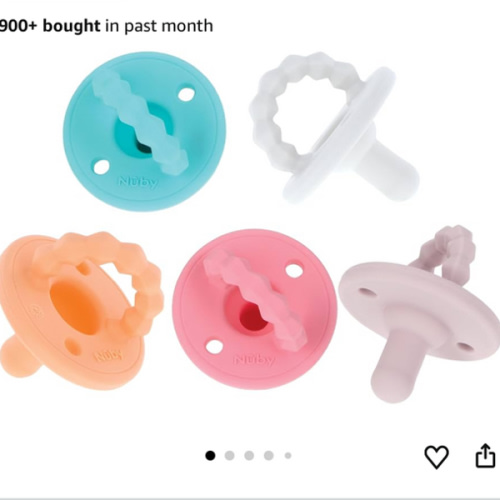 Nuby Silicone Softees Pacifier and Teethers - (5-Pack) Silicone Baby Pacifiers and Teethers - 0+ Months - Assorted Pastel Colors