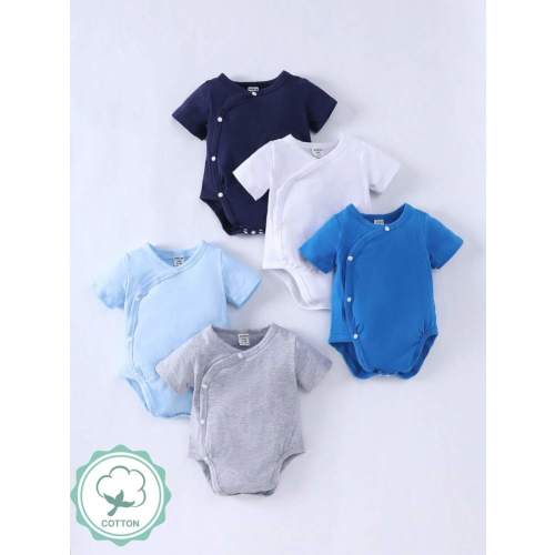 SHEIN Playful Pals Set de 5 piezas de bodis de manga corta con cuello redondo y broches para bebés niños, de punto suave, de uso versátil y casual, de colores variados, adecuado para uso diario y actividades al aire libre, primavera/verano | SHEIN USA