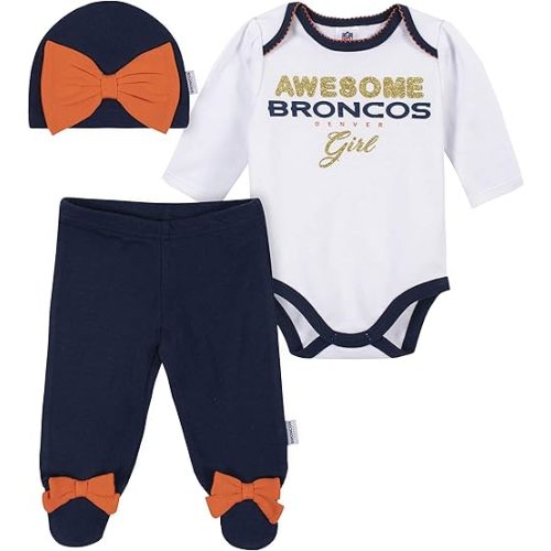 Gerber NFL Denver Broncos 3 Pack Bodysuit Footed Pant and Cap Registry Gift Set, blue/white Denver Broncos, 3-6M (260043160)