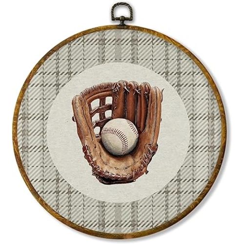 Hiuwevt Vintage Baseball Nursery Round Wall Art Decor, Sports Framed Canvas Prints, Neutral Gingham Baseball Round Wall Hanging Decor for Kids Boy Nursery Room Bedroom Decorations, 10x10 Inches