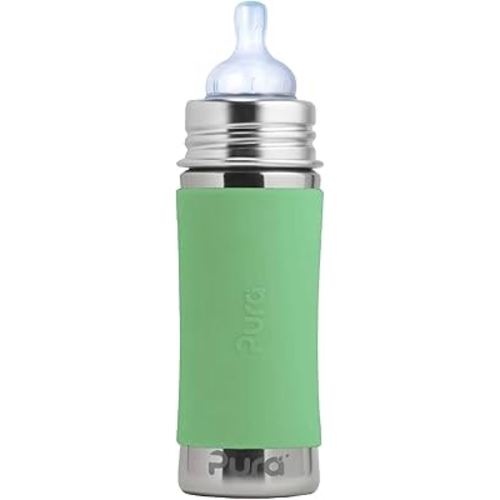 Pura Kiki 9oz/275ml Stainless Steel Infant Bottle w/Sleeve, Anti-Colic, Medical-Grade Silicone, Medium-Flow Nipple, for Babies 3 Months & Up (Moss)