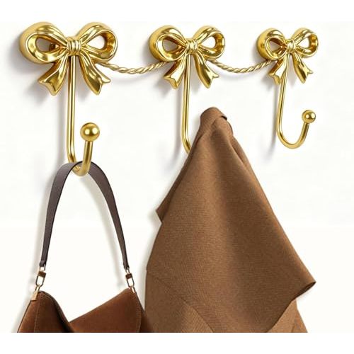 Gold Bow Decor for Girls Room Decor - 3-Link Mental Gold Bow Hooks for Wall, Golds Bows Hangers for Coats, Bags, Bath Towels, Bathroom, Loveshackfancy Decor, Girl Nursery ,Coquette Room, 14.1*4.5’’