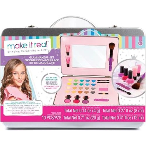 Make It Real: Glam Makeup Set - 10 Piece Travel Hard Case, Tweens & Girls, All-In-One Cosmetic & Beauty Kit, Includes Instrumental Dream Guide For Inspiration, Nails-Lips-Face, Kids Ages 8+