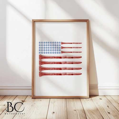 Watercolor Golf Tee Art Print, Framed American flag made from Golf Tee and Ball Painting, Golf Gift, Boys Golf room decor.