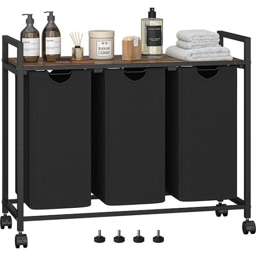 Laundry Hamper, Laundry Basket, Laundry Sorter with 3 Pull-Out and Removable Bags, Shelf, Laundry Room Storage with Table, for Bathroom, Bedroom, 3 x 11.5 Gal (43.4L), Rustic Brown