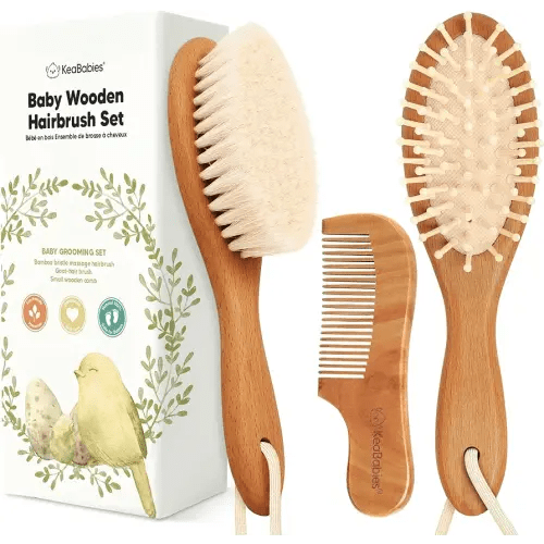 Baby Hair Brush and Comb Set for Newborn - Wooden Baby Hair Brush Set with Soft Goat Bristle, Baby Brush Set for Newborns, Baby Brush and Comb Set Girl, Boy, Toddler Cradle Cap Brush(Oval, Golden Oak)
