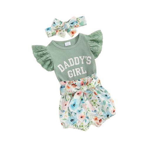 Suealasg Newborn Girls Outfit 3M 6M Fly Sleeve Letter Print Romper Dress Elastic Waist Floral Print Shorts Headband Set 3Pcs Baby Girl Summer Clothes Set
