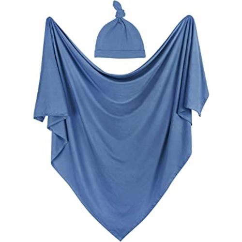 iEvolve Cotton Knitted Baby Swaddle Blanket with Hat Headband Set Newborn Swaddle Wrap Receiving Blankets for Baby Girl Boy 35" x 35"(Sapphire Blue)