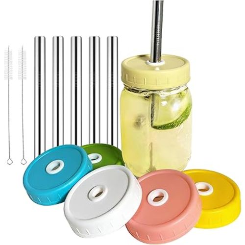 Mason Jar Lids, 6 Pack Wide Mouth Mason Jar Lid with Straw Hole for Ball Caning Jar - Drinking Coffee, Smoothies, Boba-Milk Tea, Dishwasher-safe & Leak-proof