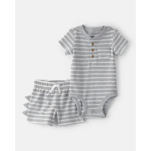 Baby Boy 2-Piece Dino Spikes Waffle-Knit Short-Sleeve Bodysuit & Short Set - Grey | Carter's