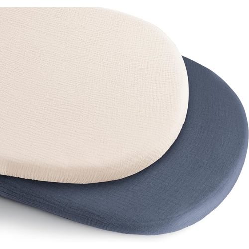 Konssy 2 Pack Muslin Bassinet Sheets for Boys, Girls, 100% Cotton Soft Breathable Fitted Bassinet Mattress Sheet, 32 x 16 inches (Navy,Cream)