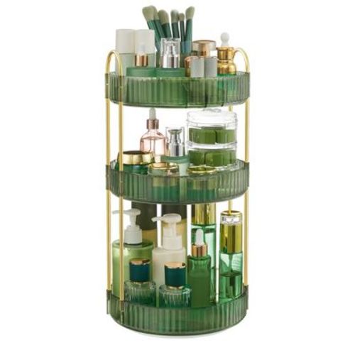3-Tier Rotating Makeup Organizer, Round Countertop Lazy Susan with Customizable Shelves, for Vanity Bathroom Kitchen, Pale Green
