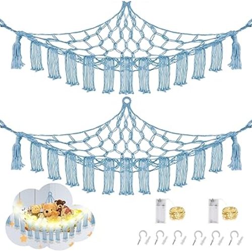 Stuffed Animal Hammock with LED Light, 2 Pack Toy Hammock for Stuffed Animals Storage for Kids, Stuffed Animal Hammock Corner, Baby Blue