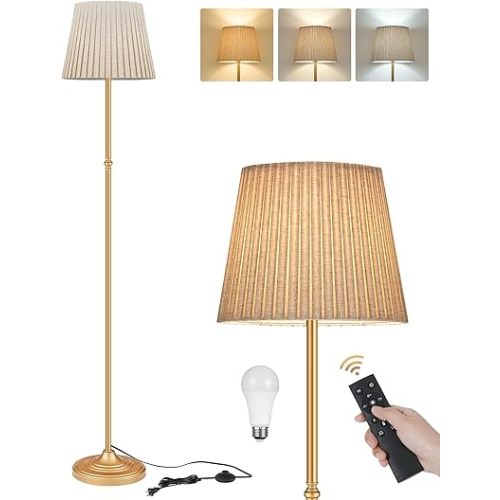 Dimmable Floor Lamp for Living Room, 68" Tall Standing Lamp, Reading Light with Remote & Foot Pedal, 10W LED Bulb (3000K-6500K) Included, FCC Listed, Reinforced Base, Gold and Beige DE12LD05