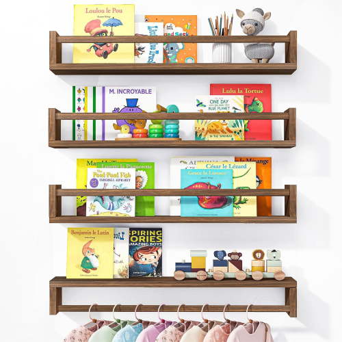 Floating Nursery Book Shelves for Wall, 23.6in, Set of 4, Brown