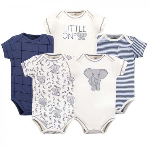 Touched by Nature Baby Boy Organic Cotton Bodysuits 5pk, Elephant, 9-12 Months