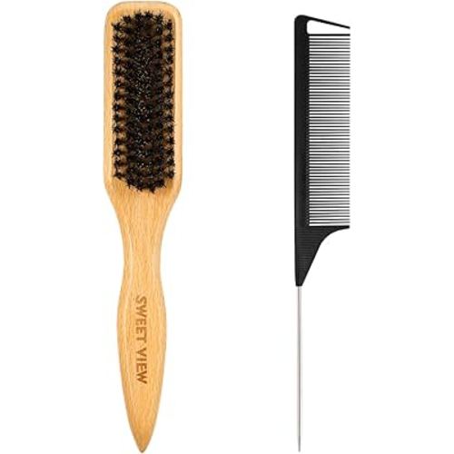 Boar Bristle Slick Back Hair Brush for Smooth Flyaways, Frizz, Sleek Ponytail, Buns and Edge Baby Hair, Teasing | Gel Comb Styling Accessories for Girls, Kids and Women