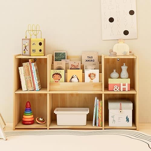 Kids Bookshelf, Wooden Montessori Bookshelf, 2-Tier Toy Storage Organizer, Suitable for Children's Classrooms, Family Playrooms, and Kindergartens