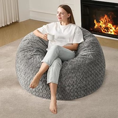 Hobestluk 3ft Bean Bag Chairs for Adults Large Beanbag Chair with Chevron Plush Fur Cover Big Bean Bag Chair for Living Room Bedroom Dorm Office - Grey (36” x 36” x 22”)