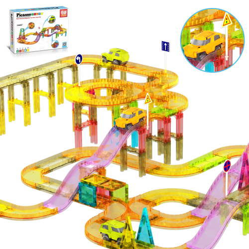 PICASSO-TILES Race Track Magnetic Tiles for Kids, 60PCS with 2 Racing Cars, Construction STEM Building Blocks Educational Toy