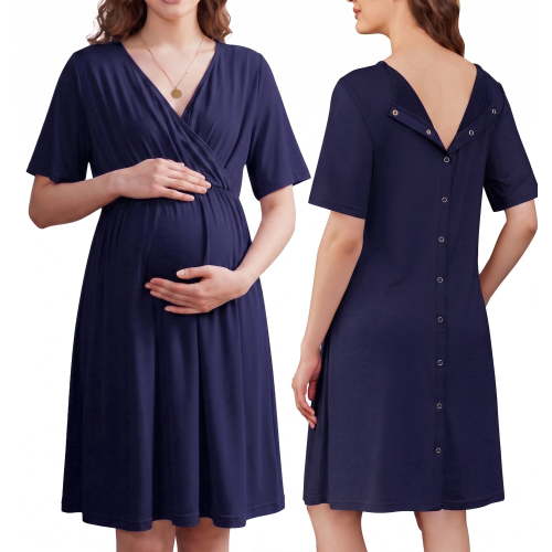 KISSGAL Women Maternity Nursing Nightgown with Button Short Sleeve Nursing Dress for Breastfeeding Labor and Delivery Gown for Hospital S-XXL