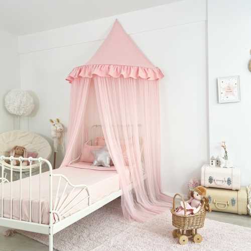 Pink Frill Half Round Play Tent for Kids Wall Hanging Canopy with Tulle Curtains