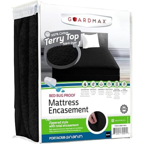 Guardmax Portacrib Mattress Encasement Zippered, 100% Waterproof Mattress Protector, Soft & Absorbent Cotton Terry Top Mattress Cover for Kids, Adults, & Pets, Bed Bug & Dust Mite Proof Cover (Black)