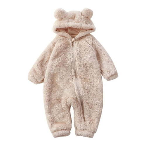 Baby Boy Girl Zipper Fleece Hooded Bear Jumpsuit with Cute Ears Fuzzy Long Sleeve Jumpsuit Toddler Infant Fall Winter Outfit