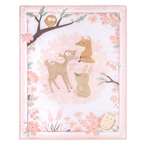 The Peanutshell Pink and White Fairytale Forest Crib Bedding Set for Baby Girls, 3 Piece Nursery Set