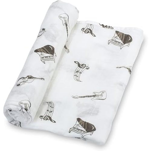 LollyBanks Muslin Swaddle Blankets for Boys and Girls, 100% Cotton Baby Blanket, Large 47 x 47 Inches Soft and Breathable Swaddles for Newborns, Baby Essentials, Registry (Music Instrument Print)