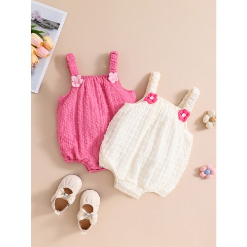 SHEIN Playful Pals Baby Girl 2pcs Casual And Elegant Adorable Interesting 3D Flower Woven Tag Sleeveless Bodysuit For Spring/Summer