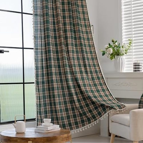 Plaid Curtains 63 Inch Length, Light Filtering Window Drapes with Rod Pocket and Handmade Tassels, 2 Panels, Tartan Curtains for Living Room Bedroom,Green Yellow