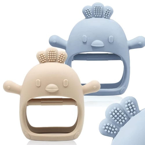 2 Packs Baby Teething Toy Silicone Teething Mitten for Babies Over 3 Months Anti Dropping Wrist Hand Teethers Baby Chew Toys for Sucking Needs, BPA Free (Blue & Caramel)