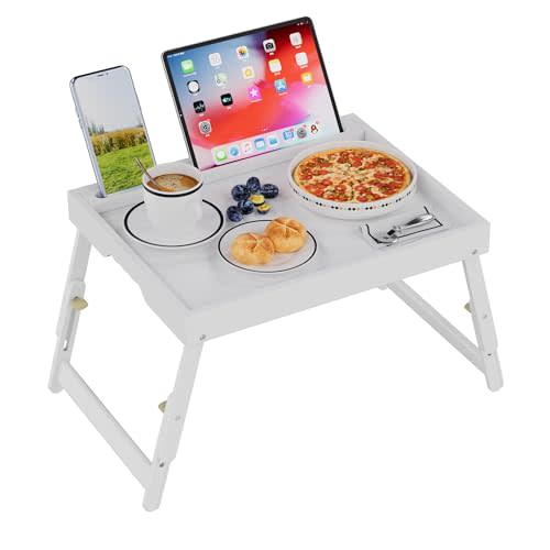Artmeer Bed Tray Table with Folding Legs, Bamboo Breakfast Food Tray with Media Slot, Use As Platter, Laptop Desk, Snack, TV Tray Kitchen Serving Tray (White Large Adjustable Legs)