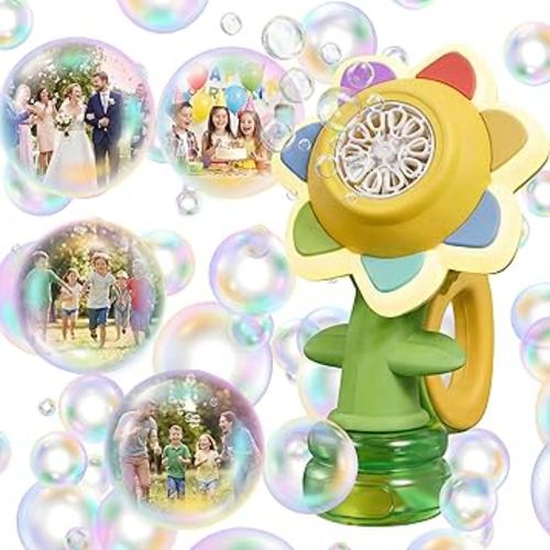 Rechargeable Flower Bubble Guns for Kids W/LED Lights & 10 Refill Solutions, Fun Swing Dance Bubble Maker Machine Blower Blaster Toys,Outdoor Summer Play, Easter, Birthday Party Favors & Gifts Yellow
