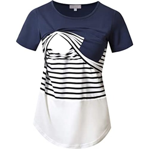 Bhome Nursing Tshirt Color Block Maternity Short Sleeve Top for Breastfeeding Pregnancy Shirt with Pocket