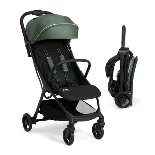 Jeep Altitude Compact Travel Stroller by Delta Children Greenguard Gold, Easy One Hand Fold, Lightweight, Extendable Canopy with Peek-a-Boo Window, Reclining Seat, 4 Wheel Suspension, Black