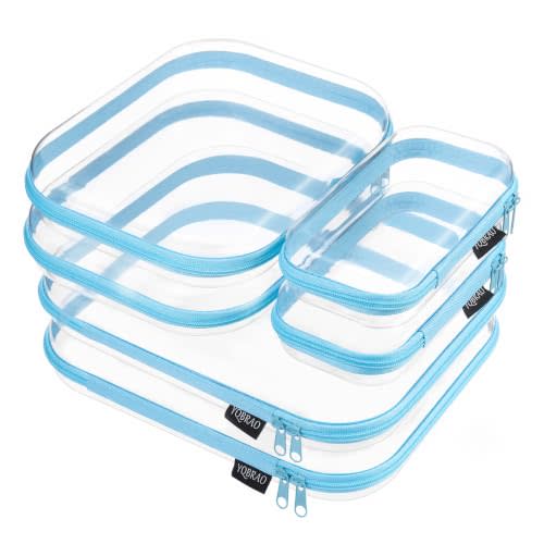 YQBRAO Clear Hard Shell Zipper Cases, 6 Multi-Size Organizers, Blue | Rigid clear shells in three practical sizes organize toiletries, cosmetics, cables, stationery and household essentials