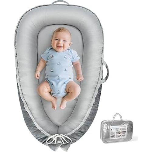 Baby Lounger - Baby Lounger for Newborn 0-24 Months, Breathable & Soft Cotton and Velvet Cover Baby Nest, Portable Tummy Time Lounger for Home and Travel, Ideal Baby Essentials & Shower Gifts