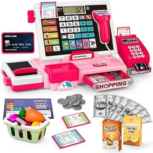Kids Cash Register Toy Playset, Toddler Prentend Play Store with Real Calculator Cash Register with Scanner/Credit Card/Play Money/Food, Learning Toys for Boys Girls Toddlers(Pink)