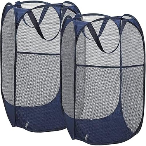 2 Laundry Baskets, pop-up Laundry Baskets, Foldable mesh Laundry Baskets (Each with 2 Reinforced Handles, Blue